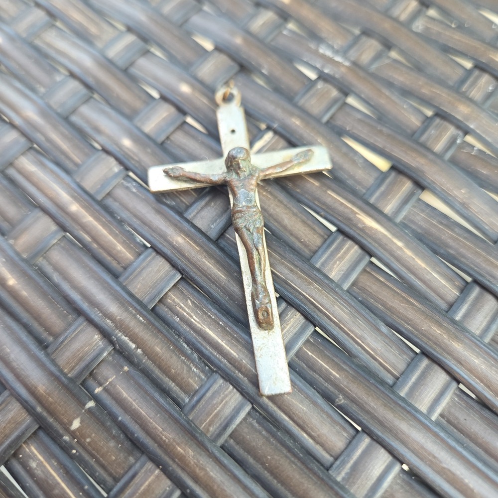 Vintage Crucifix Pendant Jesus on Cross 2" Silver Tone Signed Catholic Religious